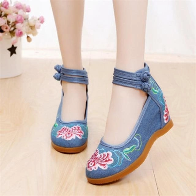 Flower Embroidered Ankle Strap Ladies Denim Cotton Wedged Canvas Shoes Fancy High Heels