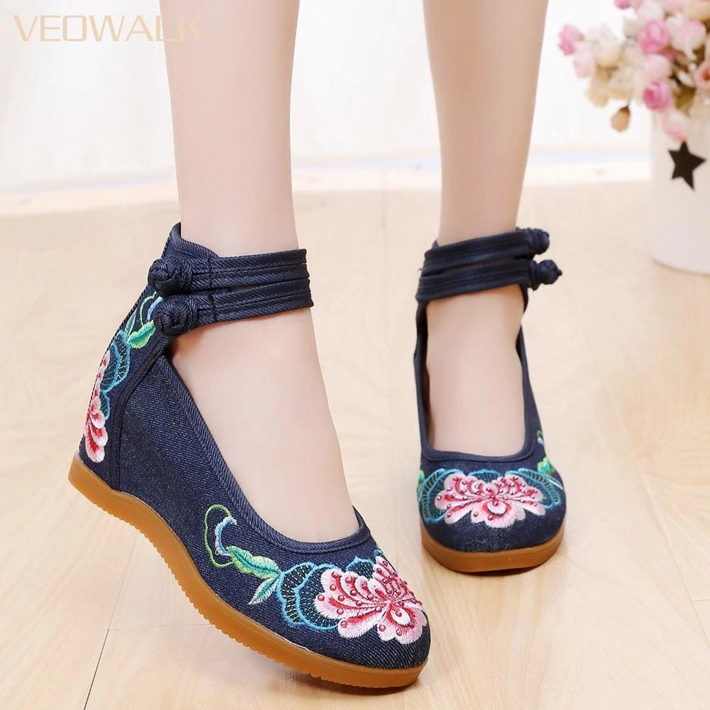 Flower Embroidered Ankle Strap Ladies Denim Cotton Wedged Canvas Shoes Patent Peep Toe Heels