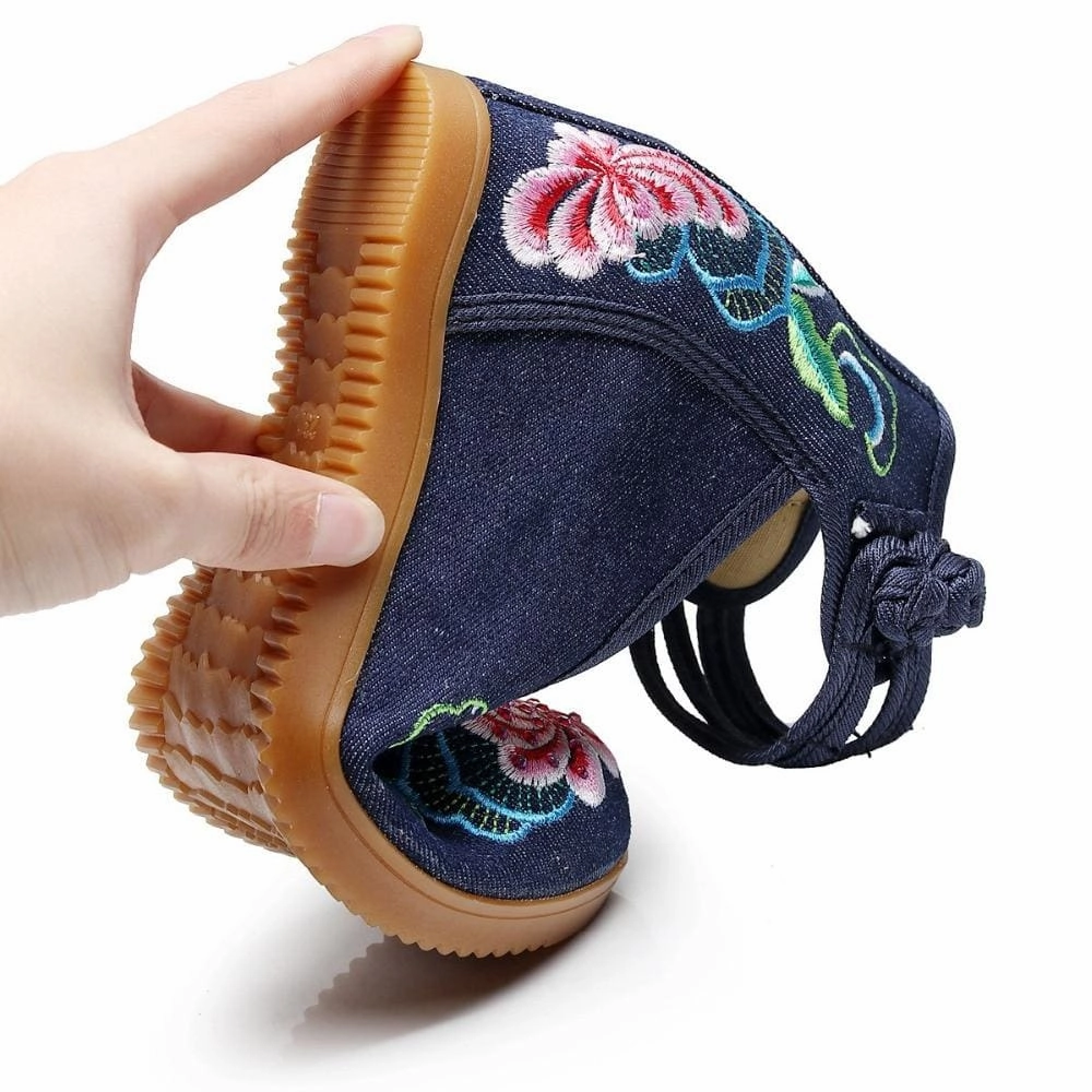 Flower Embroidered Ankle Strap Ladies Denim Cotton Wedged Canvas Shoes High Heels Erotisch