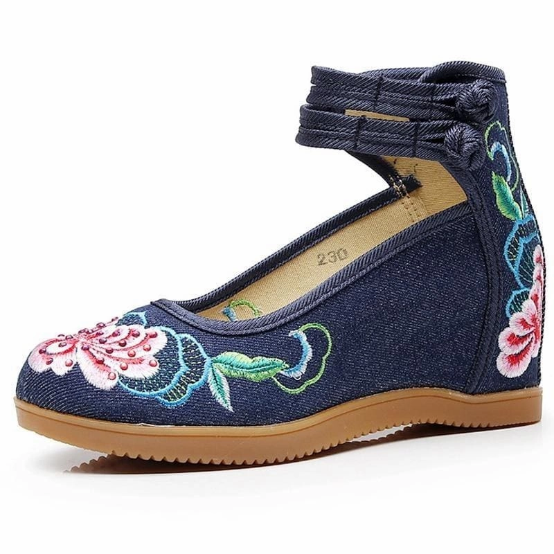 Wedge Heel Boots Knee High Flower Embroidered Ankle Strap Ladies Denim Cotton Wedged Canvas Shoes