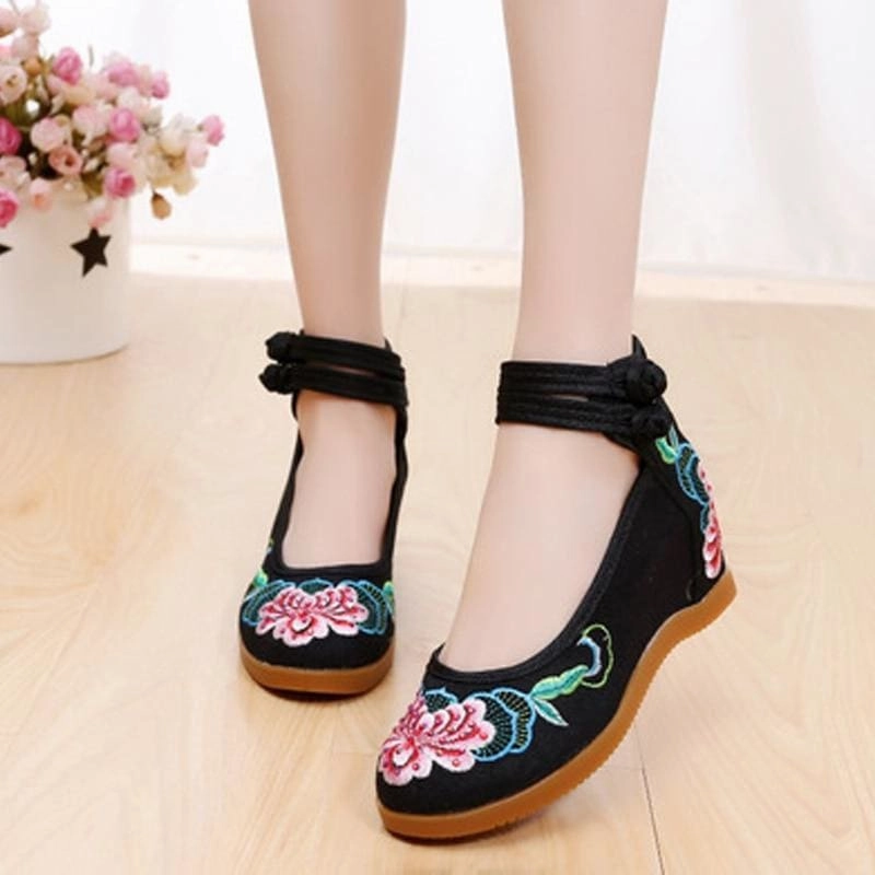 Bondage With Heels Flower Embroidered Ankle Strap Ladies Denim Cotton Wedged Canvas Shoes