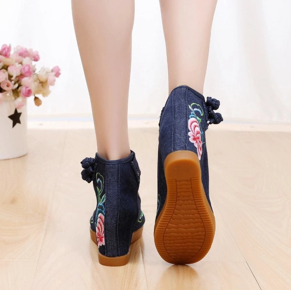 Spongebob Squarepants High Heels Flower Embroidered Ankle Strap Ladies Denim Cotton Wedged Canvas Shoes