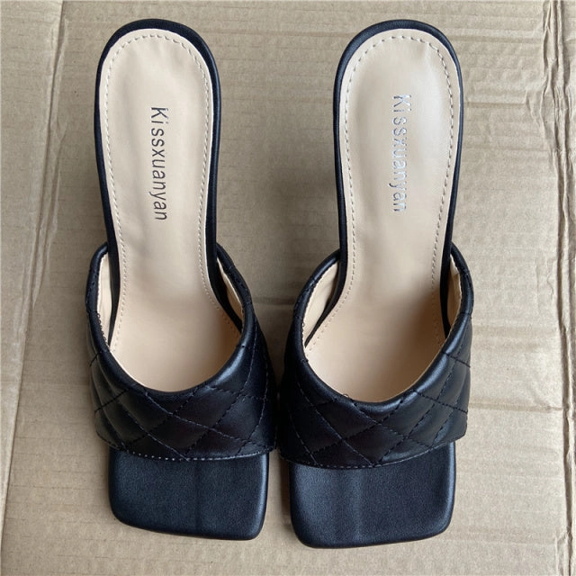 2022 Luxury Design Slides Women 9cm High Heels Mules Fetish Summer Sandals Stiletto Heels Slippers Prom Platform Stripper Shoes House Bootie Slippers