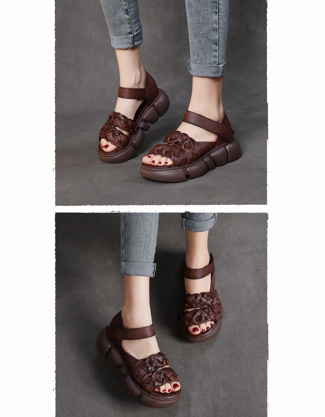Sandals Cork Retro Leather Braid Open Toe Platform Sandals