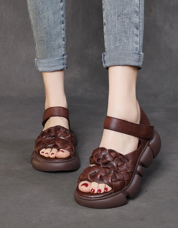Slider Sandals Retro Leather Braid Open Toe Platform Sandals