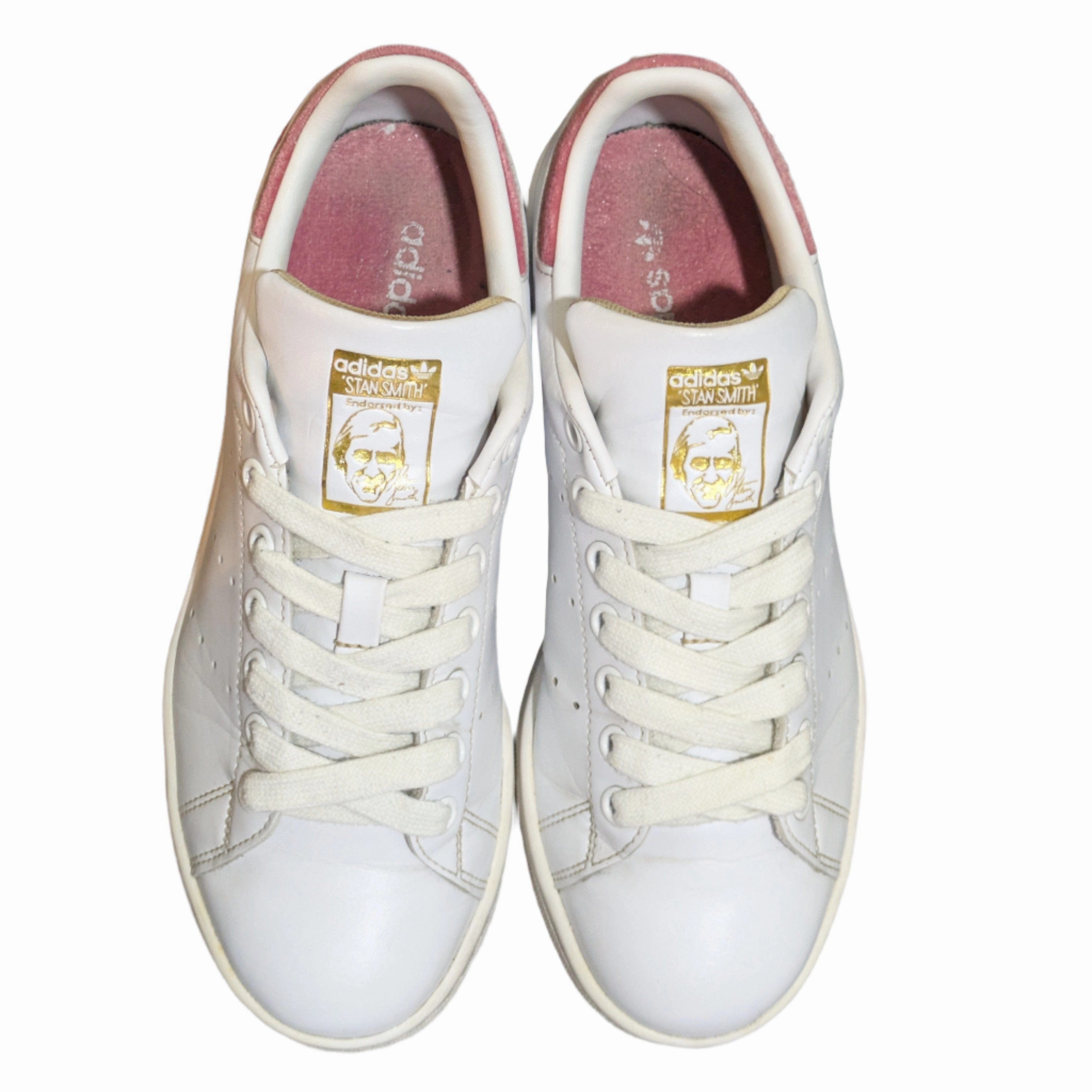 Good Running Shoes Adidas adidas Stan Smith Shoes with Embroidered Trefoil & Heart in Cloud White/Hazy Rose/Gold Metallic