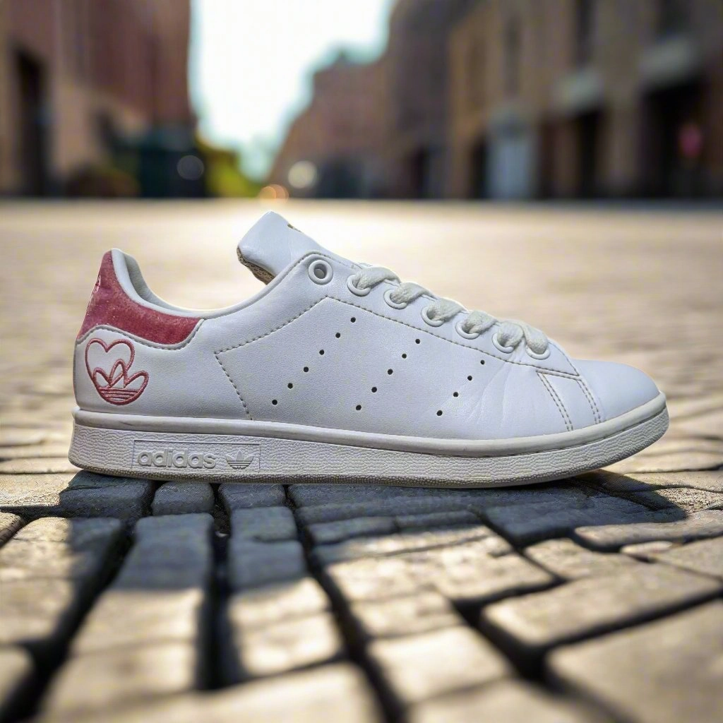 adidas Stan Smith Shoes with Embroidered Trefoil & Heart in Cloud White/Hazy Rose/Gold Metallic Adidas Aloha Shoes
