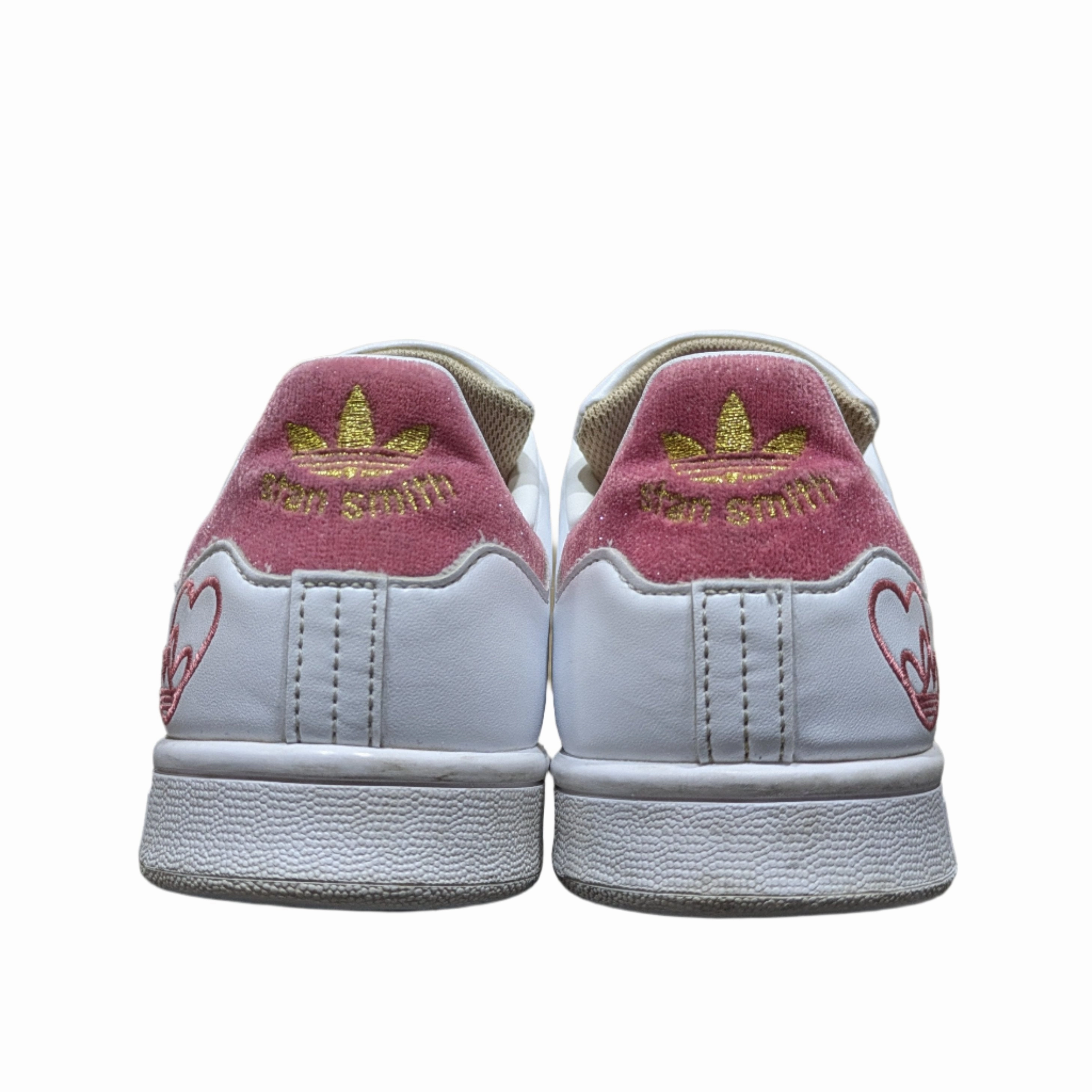 Adidas Race Walking Shoes adidas Stan Smith Shoes with Embroidered Trefoil & Heart in Cloud White/Hazy Rose/Gold Metallic