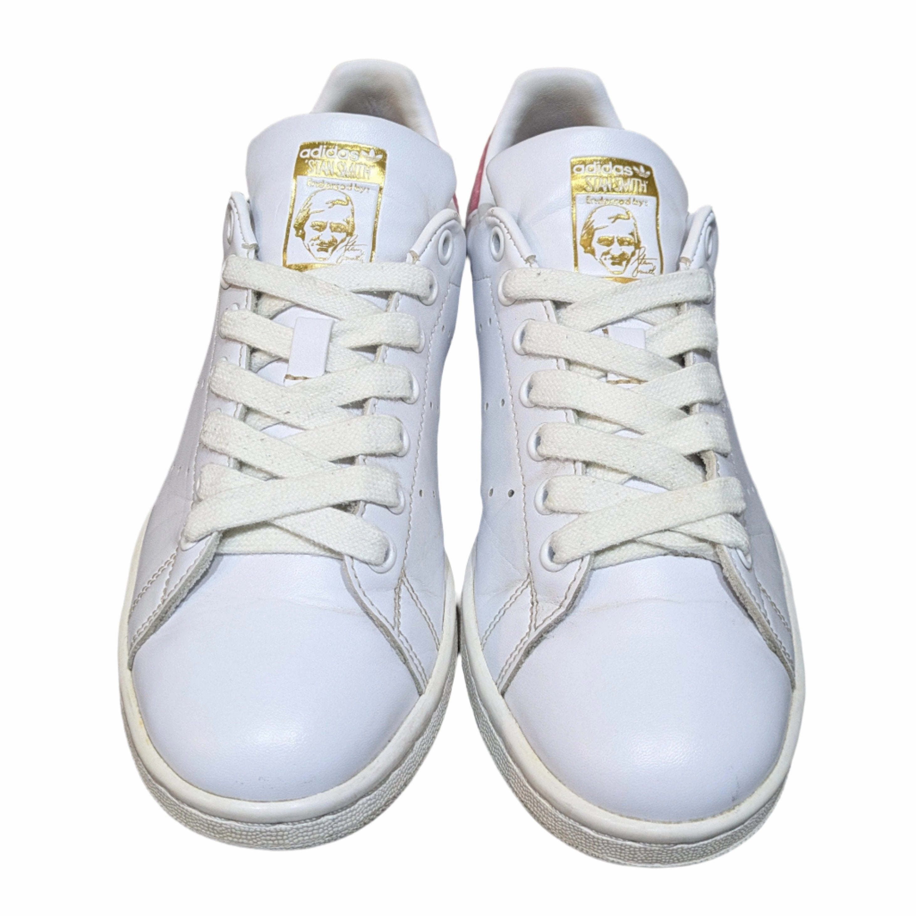 Adidas Grey Suede Shoes adidas Stan Smith Shoes with Embroidered Trefoil & Heart in Cloud White/Hazy Rose/Gold Metallic