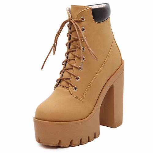 Gdgydh Fashion Spring Autumn Platform Ankle Boots Women Lace Up Thick Heel Martin Boots Ladies Worker Boots Black Size 35-39 Thigh High Socks With Heels