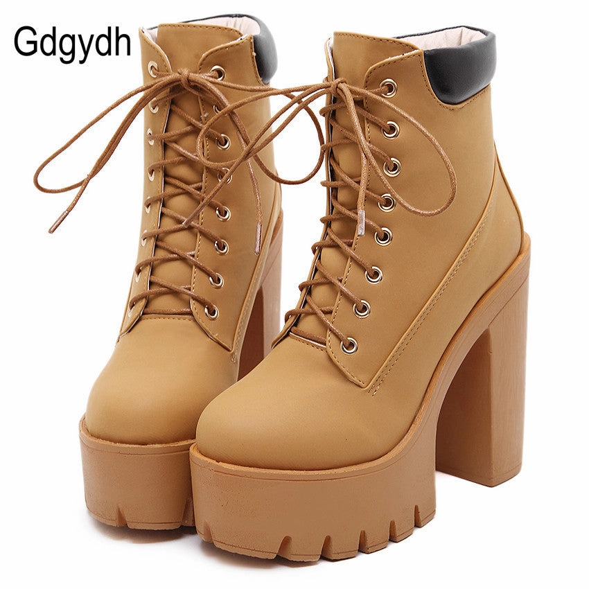 Gdgydh Fashion Spring Autumn Platform Ankle Boots Women Lace Up Thick Heel Martin Boots Ladies Worker Boots Black Size 35-39 Retro Style Heels