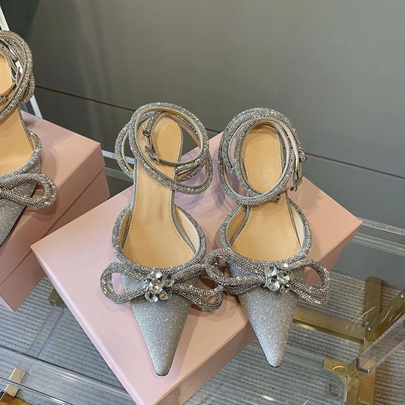 Glitter Rhinestones Women Pumps Crystal bowknot Satin Summer Lady Shoes Genuine leather High heels Party Prom Shoes High Heel Sandals Ankle Strap