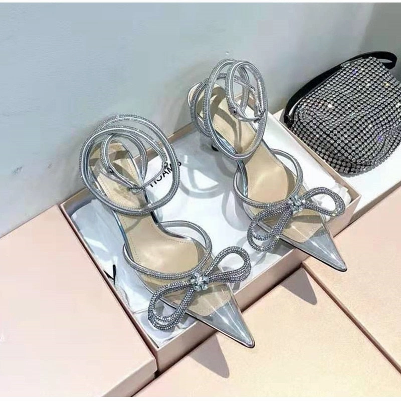 Italian Leather High Heels Glitter Rhinestones Women Pumps Crystal bowknot Satin Summer Lady Shoes Genuine leather High heels Party Prom Shoes