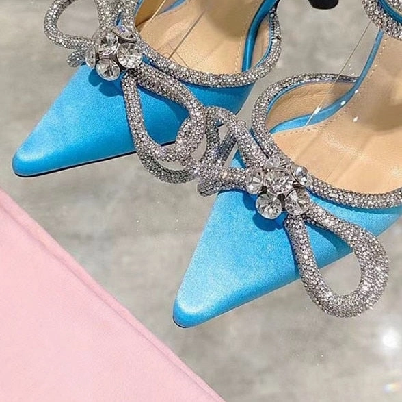 Glitter Rhinestones Women Pumps Crystal bowknot Satin Summer Lady Shoes Genuine leather High heels Party Prom Shoes High Heel Wooden Clogs