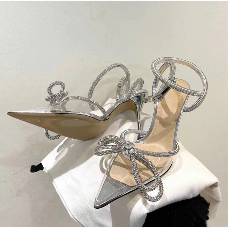 Glitter Rhinestones Women Pumps Crystal bowknot Satin Summer Lady Shoes Genuine leather High heels Party Prom Shoes High Hee
