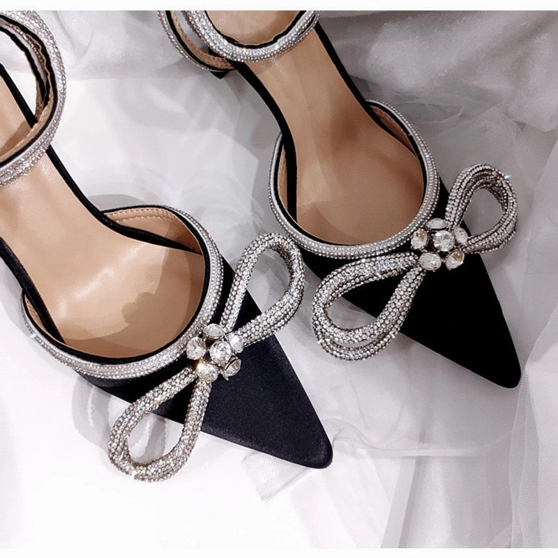 Strapped High Heels Glitter Rhinestones Women Pumps Crystal bowknot Satin Summer Lady Shoes Genuine leather High heels Party Prom Shoes