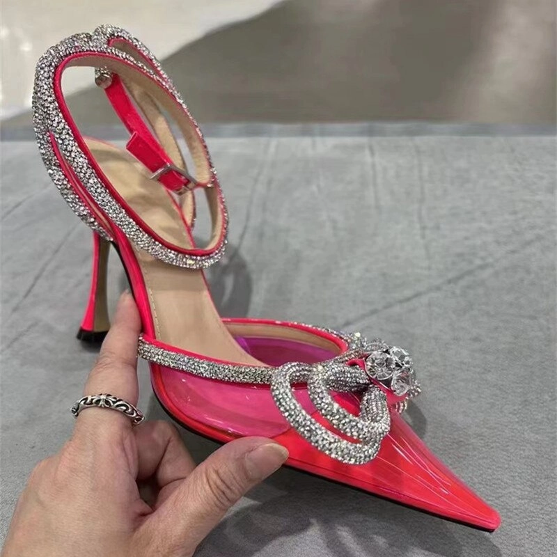 Stylish High Heel Shoes Glitter Rhinestones Women Pumps Crystal bowknot Satin Summer Lady Shoes Genuine leather High heels Party Prom Shoes