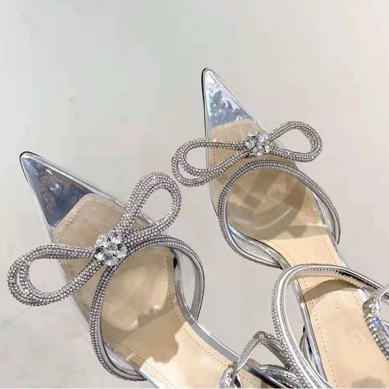 Glitter Rhinestones Women Pumps Crystal bowknot Satin Summer Lady Shoes Genuine leather High heels Party Prom Shoes X Ray Of High Heels