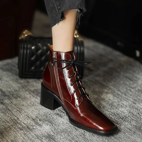 Cross-tied Ankle Boots for Women Zipper High Heels Boots Leather Waterproof
