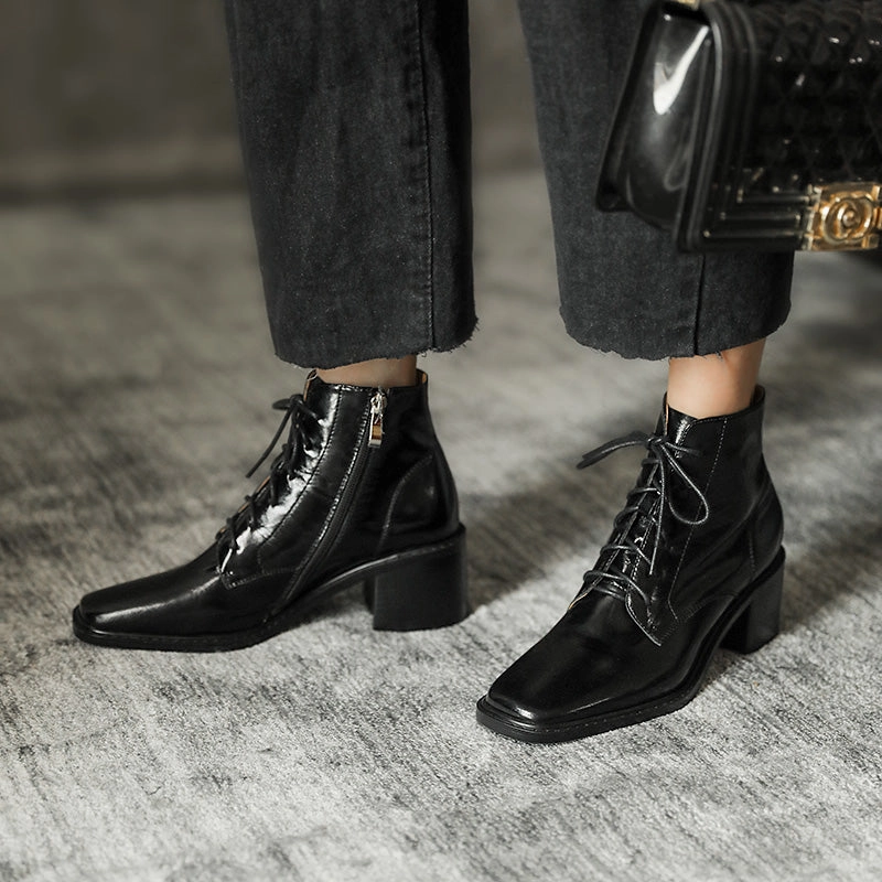 Cross-tied Ankle Boots for Women Zipper High Heels Cowboy Boots Drawing