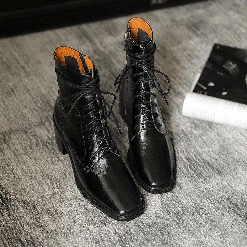 Cross-tied Ankle Boots for Women Zipper High Heels Cowboy Boots For Big Calves