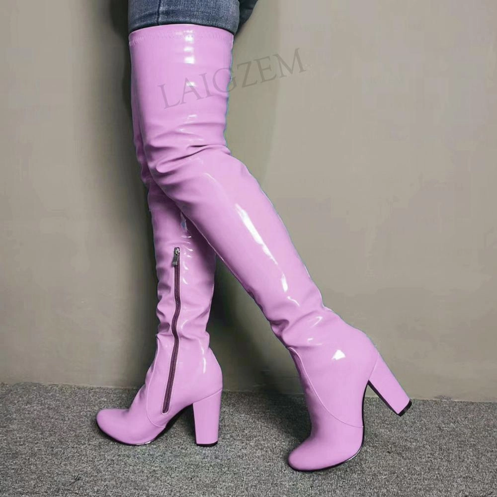 Water Shoes Waterproof SEIIHEM Colorful Women Over Knee High Boots Block Heels Thigh High Boots Shiny Party Ladies Shoes Woman Large Size 43 44 45 47