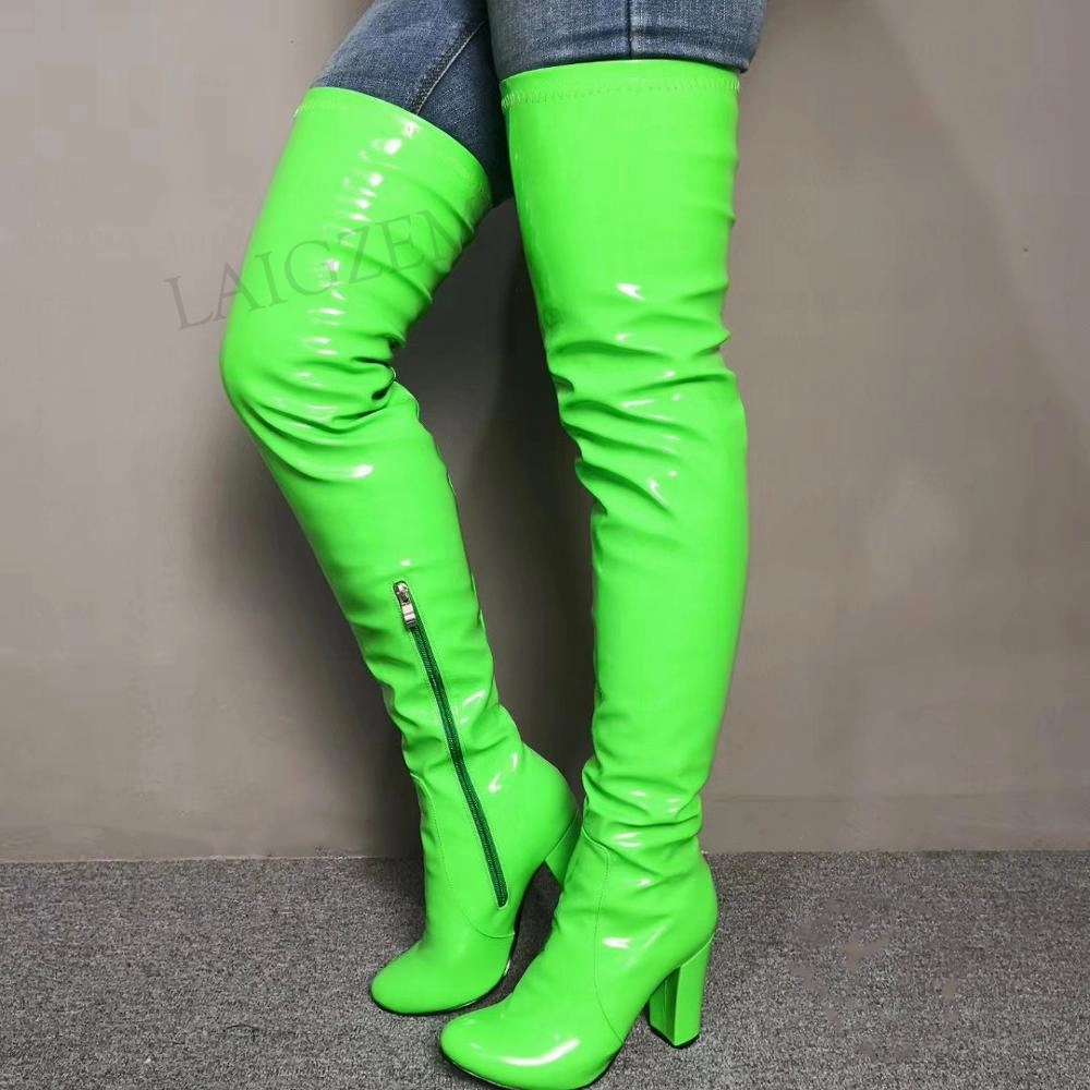 SEIIHEM Colorful Women Over Knee High Boots Block Heels Thigh High Boots Shiny Party Ladies Shoes Woman Large Size 43 44 45 47 Michelin Waterproof