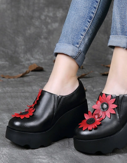 Handmade Leather Sunflower Retro Wedge Sandals Stiletto Sandals