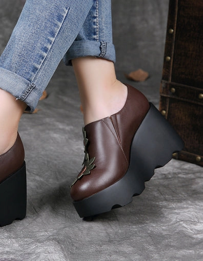 Handmade Leather Sunflower Retro Wedge Sandals Toe Covered Sandals