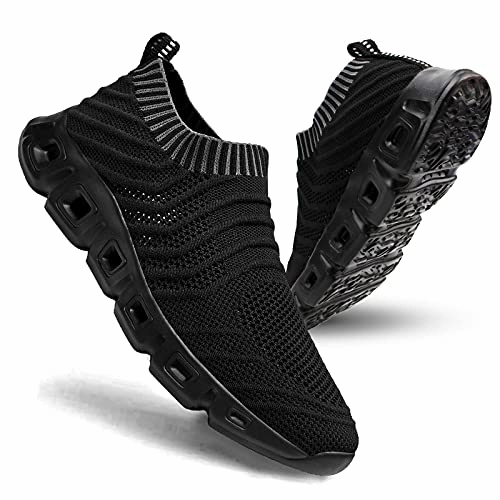 HANMUN Mens Road Running Shoes Trainers Casual Sports Shoes Fitness Running Athletic Competition Trainers Slip on Trainers All Black Size 10 Spike Or Spikeless Golf Shoes