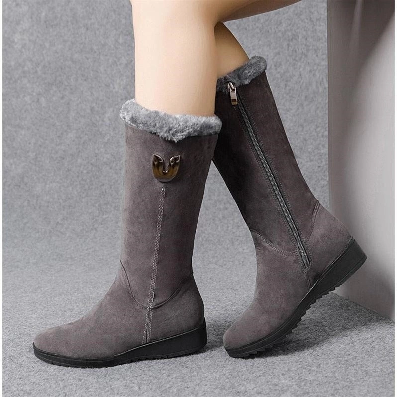 High Boot Women Winter Suede Fur Boots Knee High Leather Heel Boots