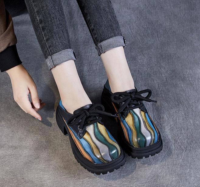 Women Retro Chunky Heel Leather Casual Shoes Mesh Shoes Casual