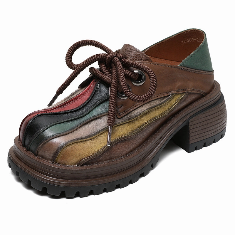Wide Width Casual Shoes Women Retro Chunky Heel Leather Casual Shoes