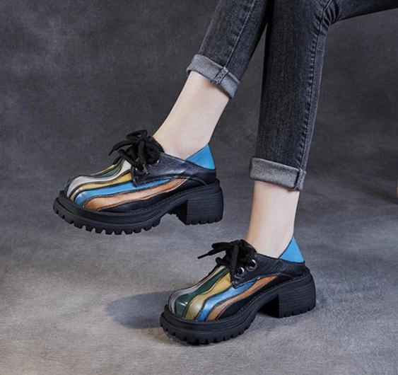 Women Retro Chunky Heel Leather Casual Shoes High Neck Casual Shoes