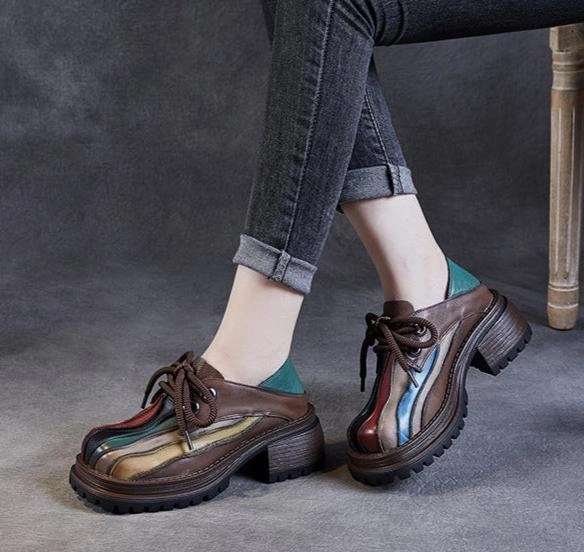 Women Retro Chunky Heel Leather Casual Shoes Canvas Casual Shoes