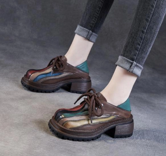 Women Retro Chunky Heel Leather Casual Shoes Casual Closed Toe Shoes