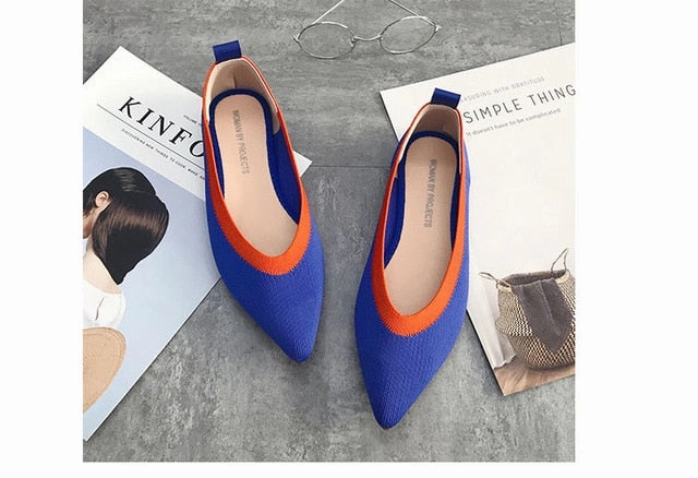 Color Casual Women Soft Shoes Breathable Knit Pointed Shoes Women's Flat Shoes Ballet Single Shoes Comfortable Pregnant Shoes Pearl Flat Shoes