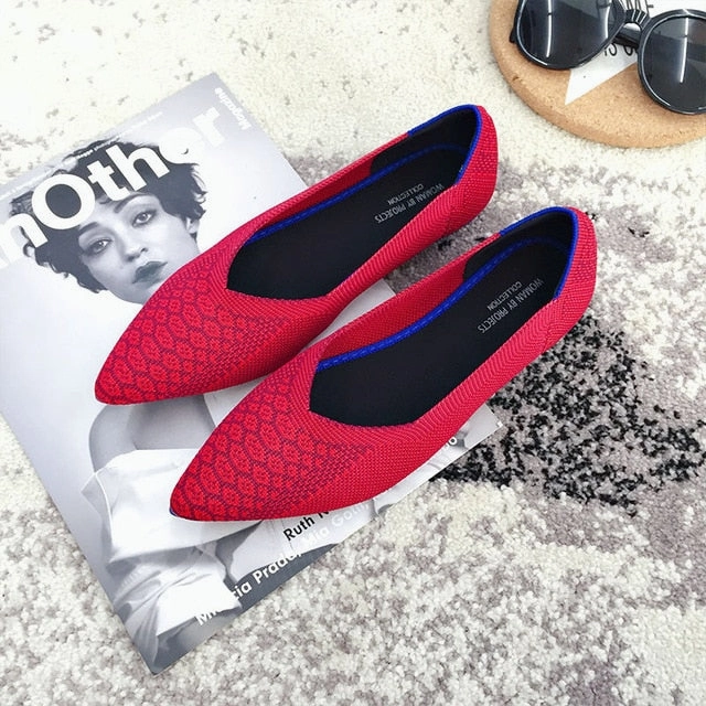 Color Casual Women Soft Shoes Breathable Knit Pointed Shoes Women's Flat Shoes Ballet Single Shoes Comfortable Pregnant Shoes Predictions Shoes Flats