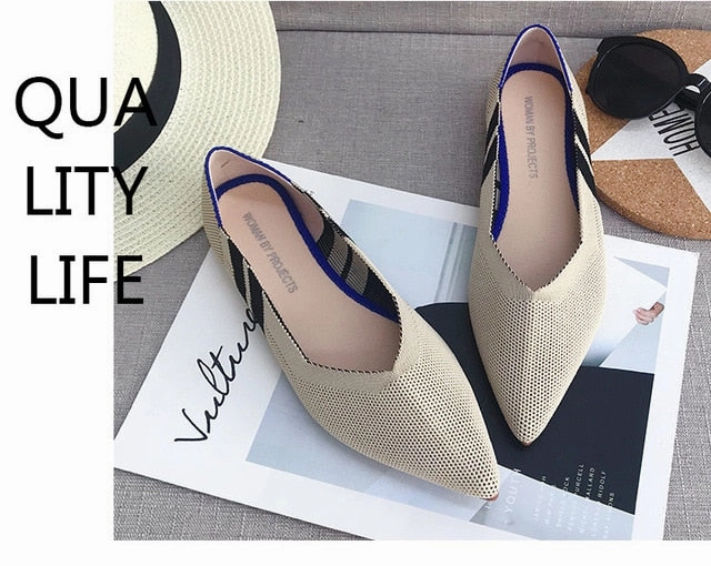 Color Casual Women Soft Shoes Breathable Knit Pointed Shoes Women's Flat Shoes Ballet Single Shoes Comfortable Pregnant Shoes Heel Shoes