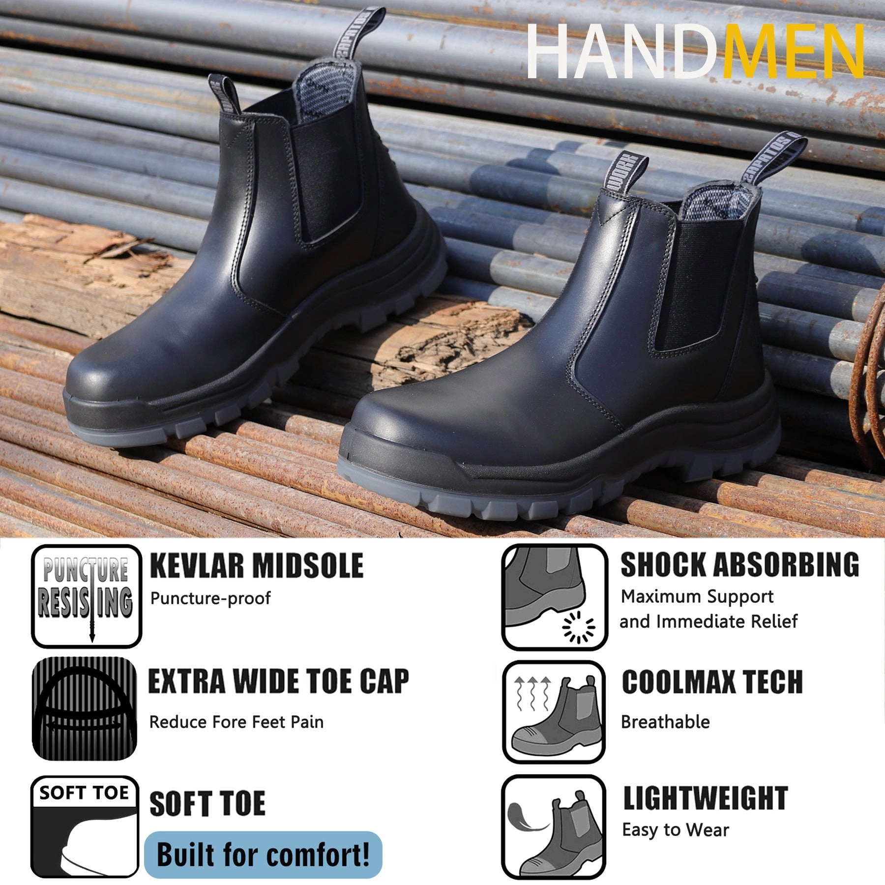 Boots On The Ground Song 80N05 Soft Toe 6" Waterproof Mens Work Boots, Non-Slip Puncture-Proof Safety Anti-Static Working Shoes