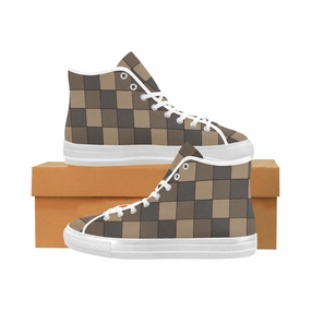 Women's Brown Monochromatic Checks Print High Top Canvas Shoes Suede High Heel Sandals