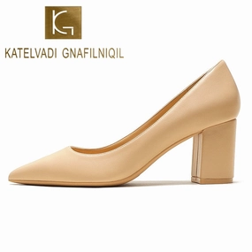 KATELVADI Shoes Woman Pumps 6.5CM High Heels Pointed Toe Split Leather Beige Shoes Square Heels Women Shoes HZL006 High Heels Mesh