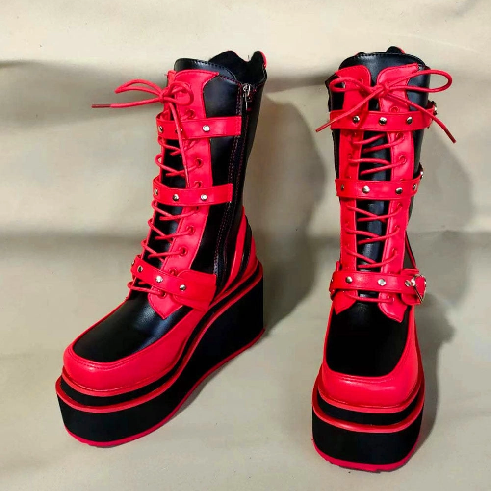 Lockable High Heel Shoes Ladies Mixed Colors Platform Boots Rivet Buckle Wedges High Heels women's Boots