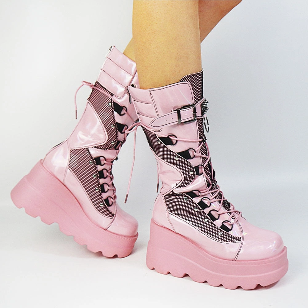 Ladies Mixed Colors Platform Boots Rivet Buckle Wedges High Heels women's Boots Block High Heel Shoes