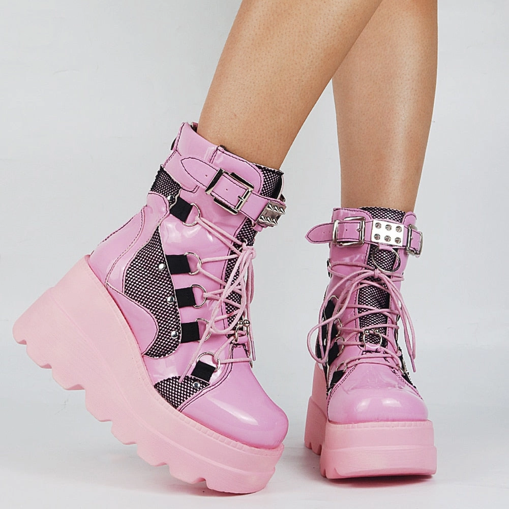 Ladies Mixed Colors Platform Boots Rivet Buckle Wedges High Heels women's Boots Stockings With Heels