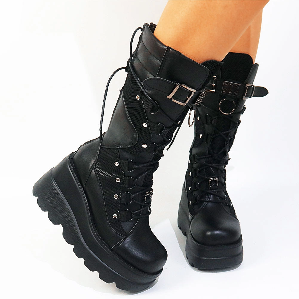 Ladies Mixed Colors Platform Boots Rivet Buckle Wedges High Heels women's Boots Stockings High Heels