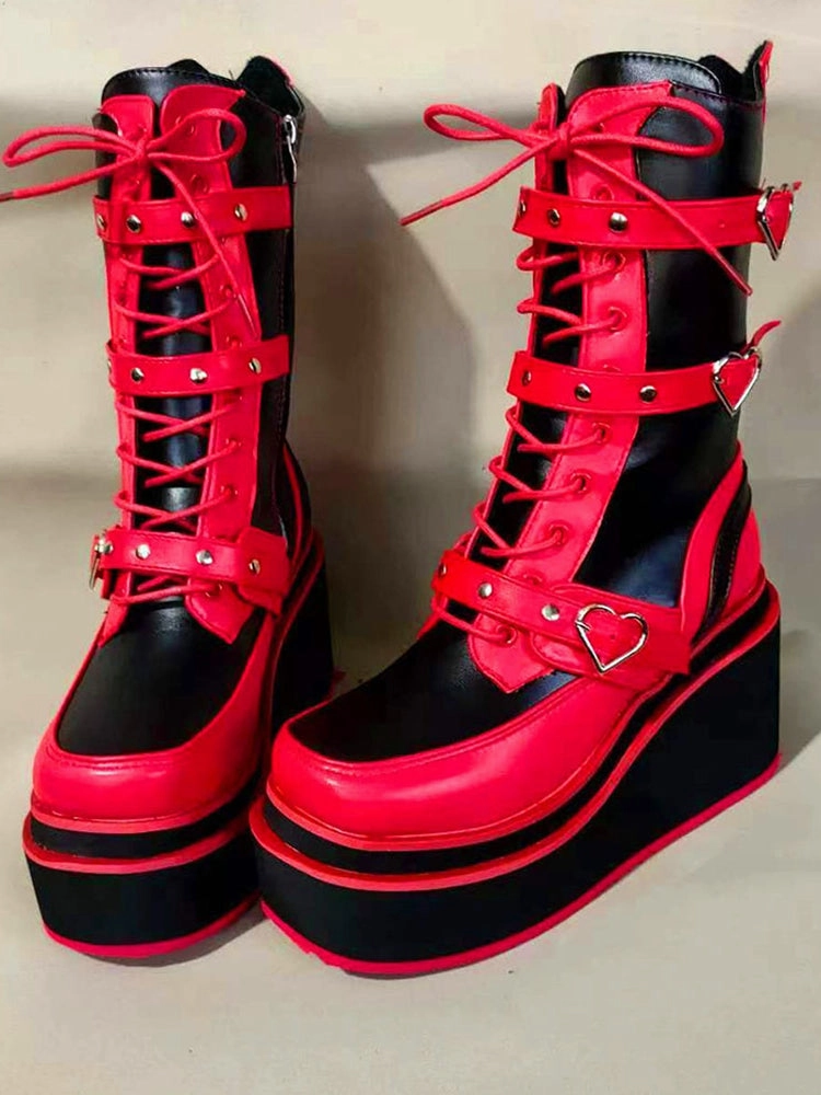 Ladies Mixed Colors Platform Boots Rivet Buckle Wedges High Heels women's Boots 10 High Heel Shoes