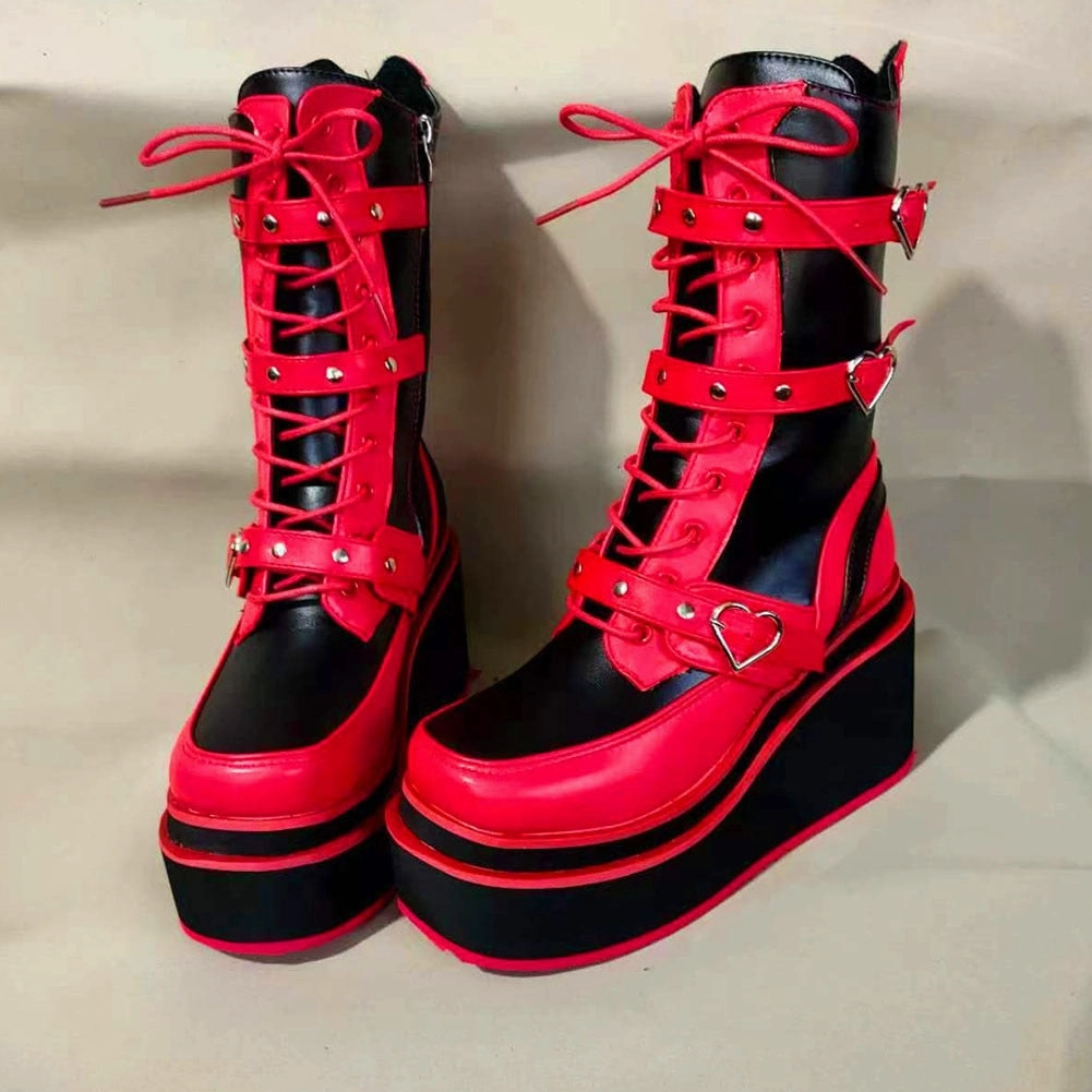 High Heels Shiny Ladies Mixed Colors Platform Boots Rivet Buckle Wedges High Heels women's Boots