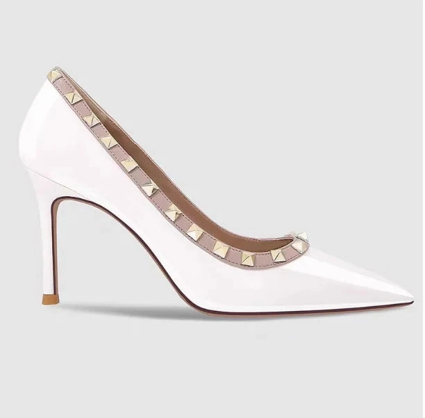 Lady Lock Studs Sexy Real Leather Pointed Toe Shiny Pumps  Trendy Fashion Shoes Waterproof Shoe Stand