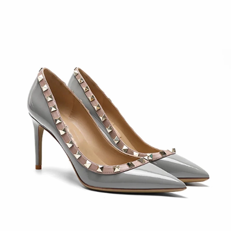 Lady Lock Studs Sexy Real Leather Pointed Toe Shiny Pumps  Trendy Fashion Shoes Waterproof Rubber Shoe Covers